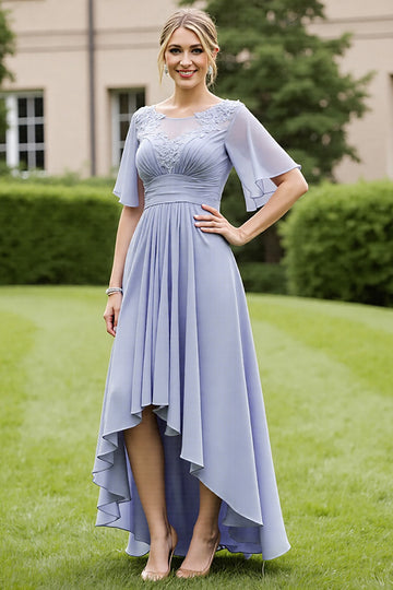 Grey Blue Chiffon Appliqued High Low Mother of the Bride Dress with Short Sleeves